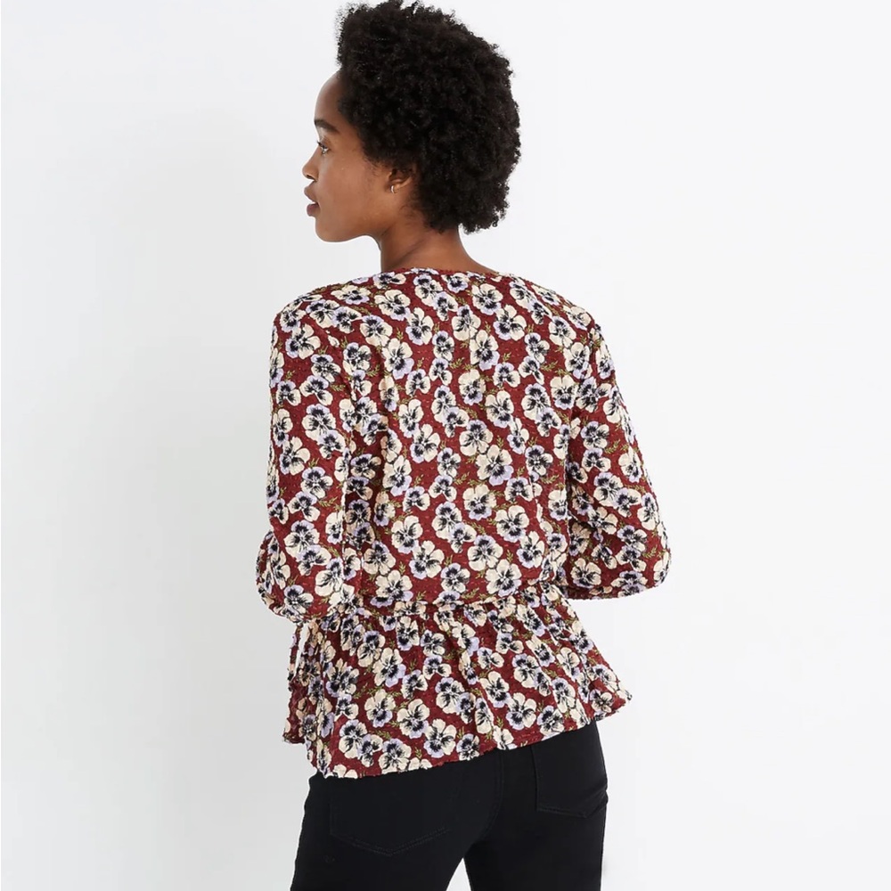 Madewell Drawstring Ruffle-Hem Top in Viola Floral EUC XS Pansy Dusty Burgundy - Picture 4 of 12